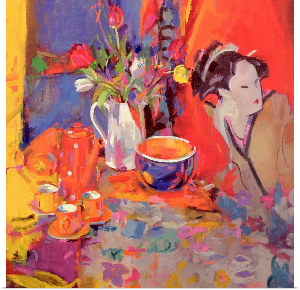 A geisha sits on a table with dishes and a vase of flowers in front of her. Painting is full of vibrant colors.