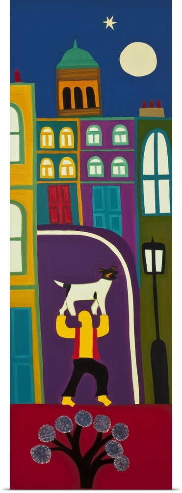 Contemporary painting of a person holding a dog in a city.