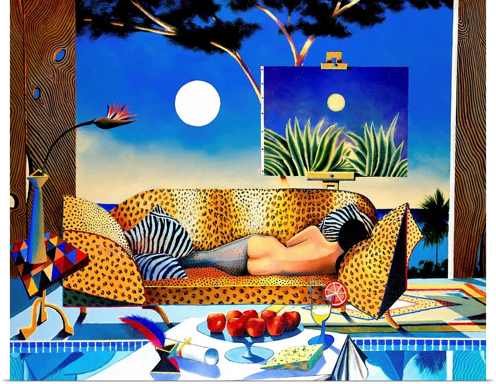 Contemporary painting of a woman on an animal-print couch in the evening.