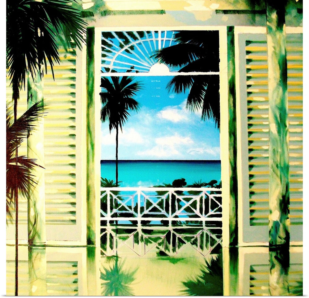 Contemporary painting looking out through a window to a tropical sea.