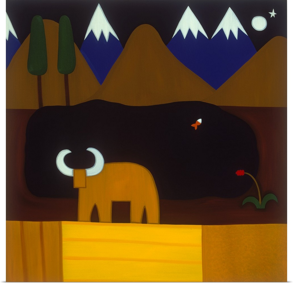 Contemporary painting of a bull in the evening near the Andes Mountains.