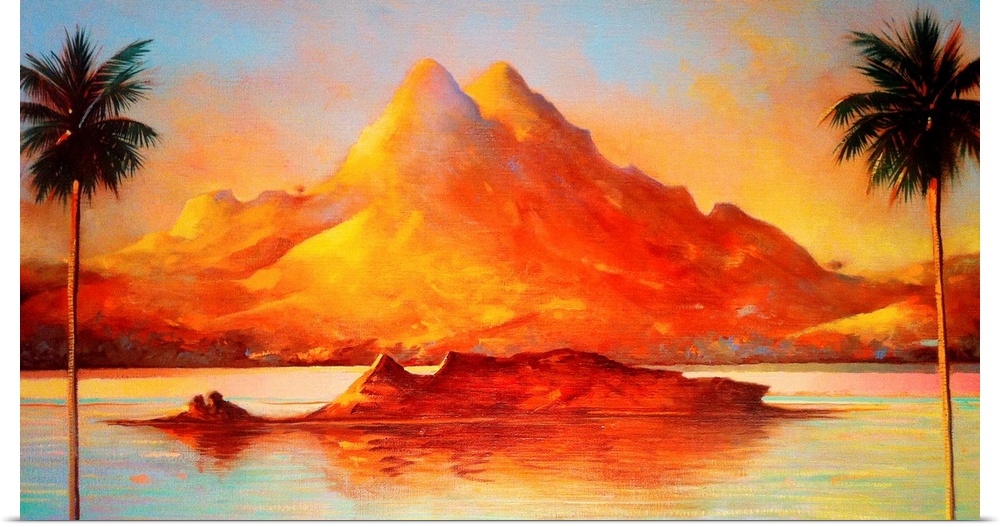 Contemporary painting of a tropical mountainous beach at sunset.