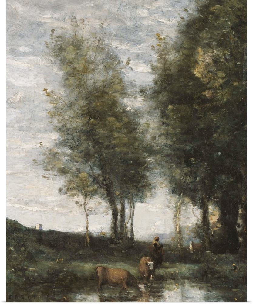 BRM280017 The pond, cowherd (oil oncanvas)  by Corot, Jean Baptiste Camille (1796-1875); oil on canvas; 40x33 cm; Private ...