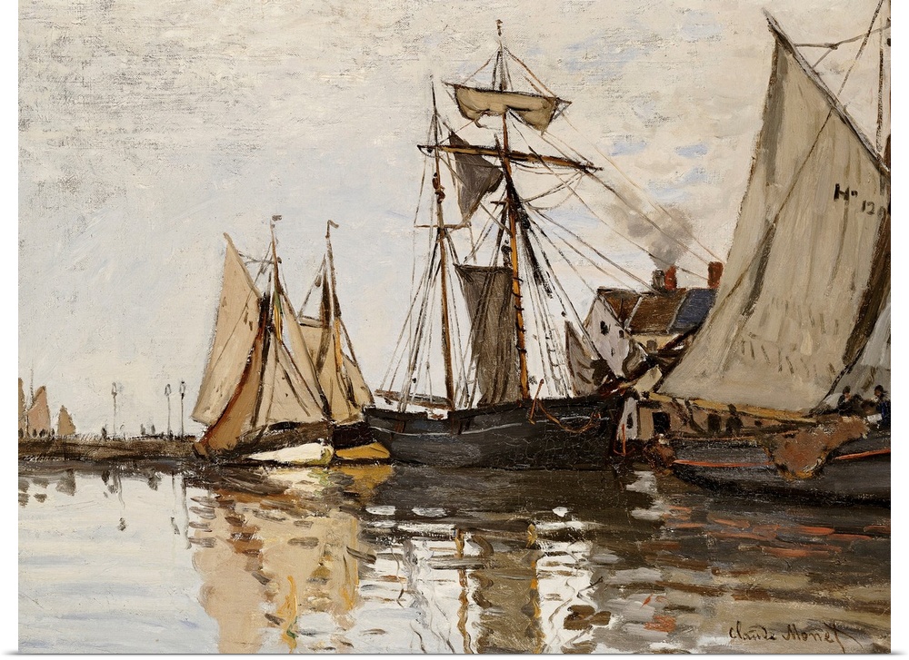 Horizontal, classic painting of several boats in the Port of Honfleur, in calm waters on an overcast day.