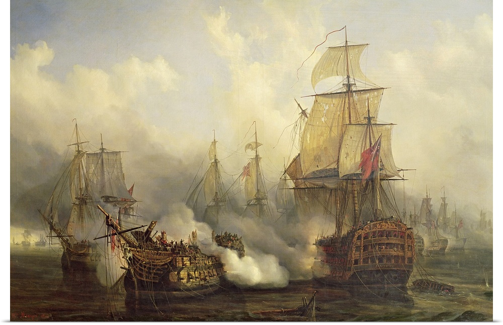 Landscape, large classic painting of several ships battling in the water, clouds of smoke surrounding the ships from canon...