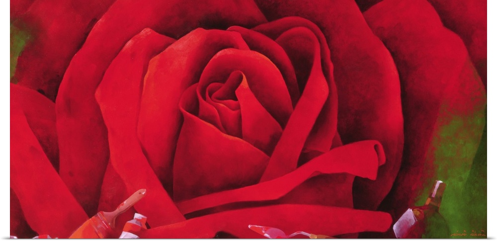 Giant, horizontal, close up painting of a blooming red rose with green leaves on the outer edges.  Image is painted as a p...