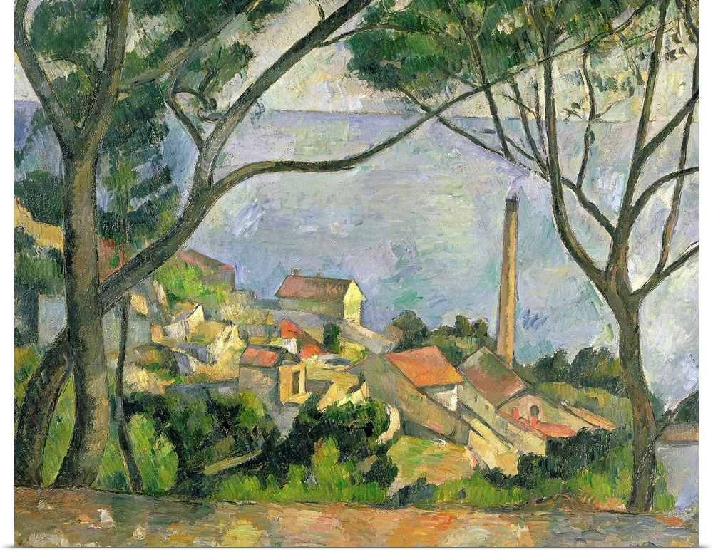 Painting by Paul Cezanne of a picturesque seaside town with two trees in the foreground on a hill overlooking the town.