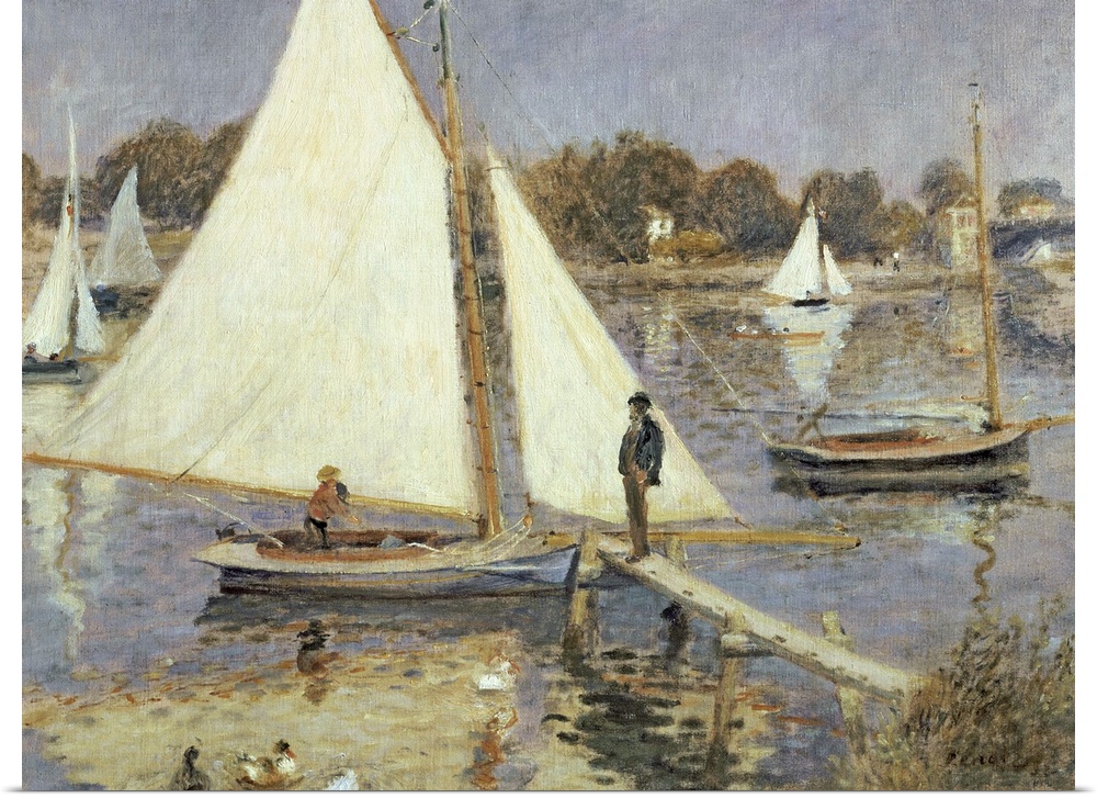 Landscape, classic wall painting of sailboats on the water in Argenteuil, Paris, France.  A man stands on a small dock in ...