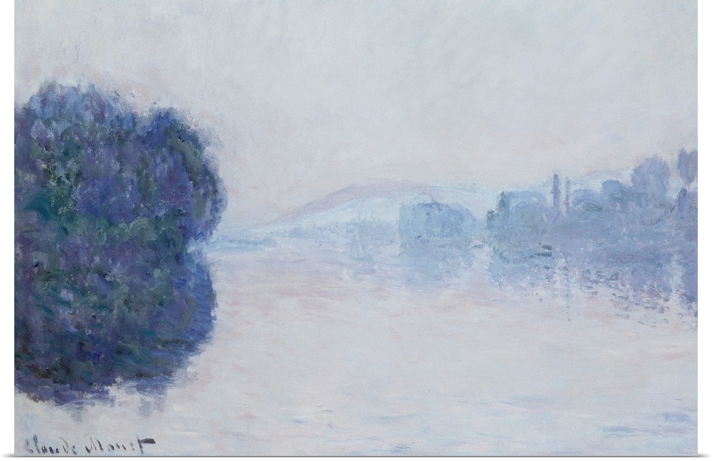 Horizontal, classic art painting of trees surrounding a body of water, a dense fog makes those in the background only slig...