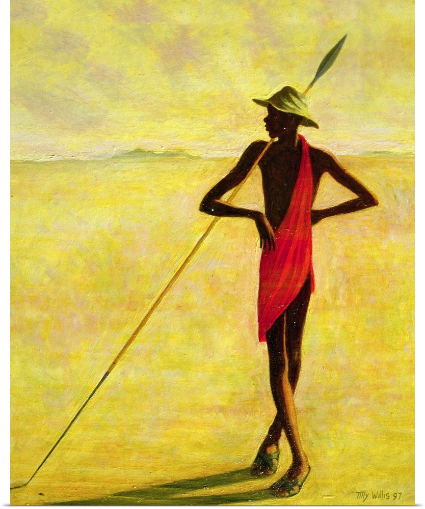 A figure standing on the African plains, cast in shadows, leaning against a long spear.