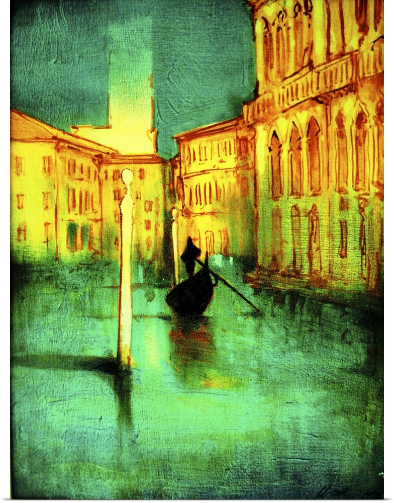 Contemporary artwork of a gondolier on green water of the Venice canals.