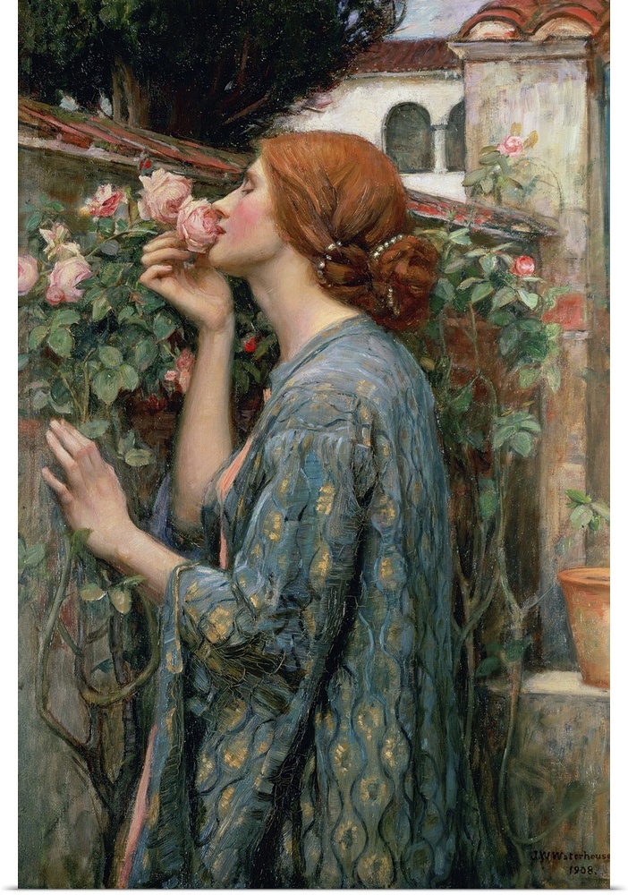 A Pre-Raphaelite painting from the early 20th century of a red haired woman in an embroidered robe inhaling the fragrance ...