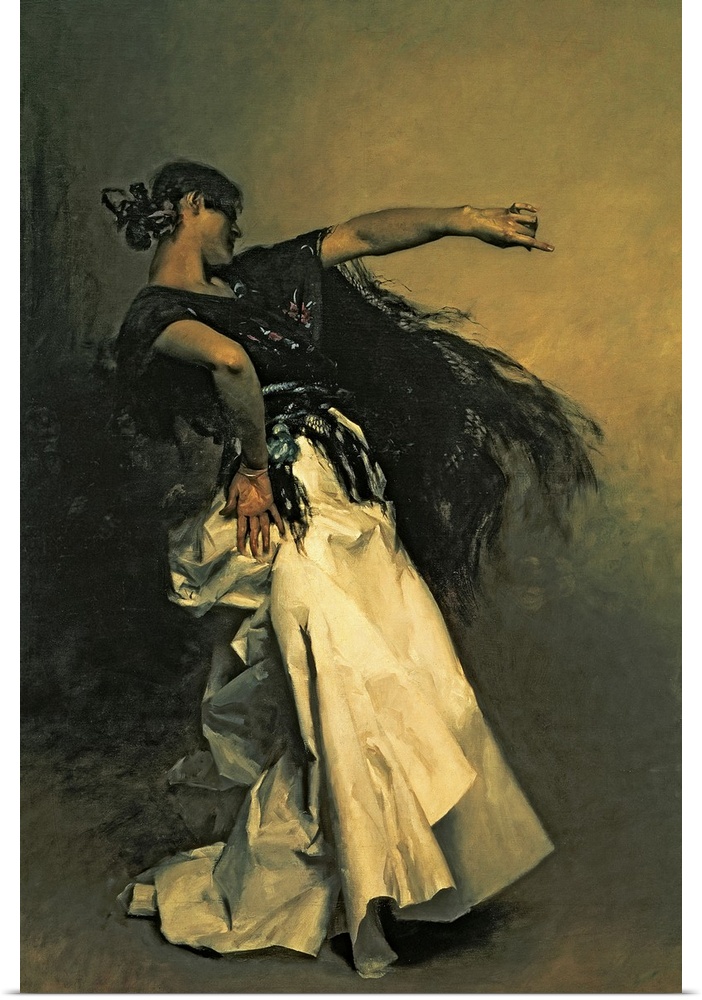 Classic artwork of a Spanish dancer wearing a long white skirt and a black shawl which moves with her as she moves her body.