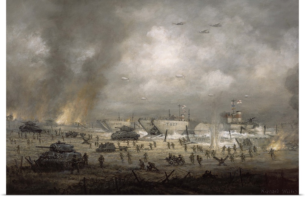 This large piece is a drawing and depiction of war with soldiers and tanks on the ground as ships come in from the water.
