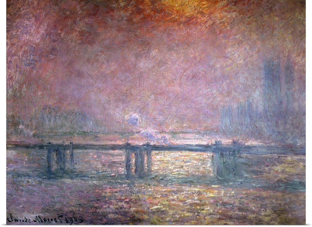 Claude Monet's famous impressionalist painting of a bridge stretching across the Thames in England. Painting is dominated ...