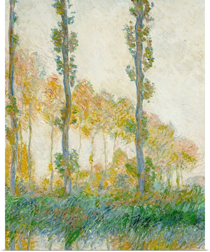 Large oil painting of tall and thin trees lining a waterfront area with tall grass.