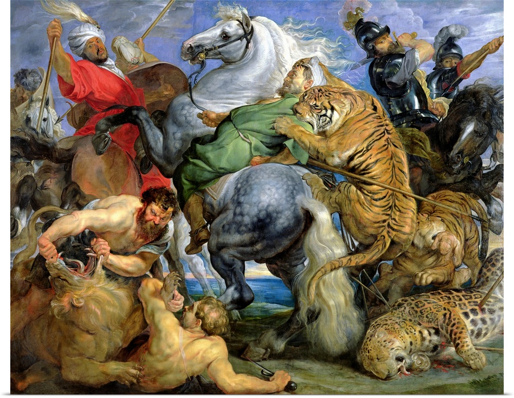 Oil painting of horsemen and wildcats fighting.  One man is wrestling a lion on the ground while one horse back rider is a...