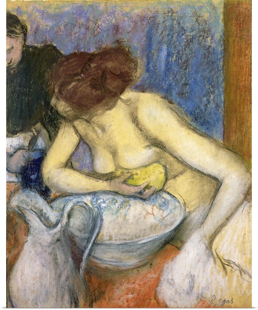 A woman sits in front of a bathing bowl and leans toward another person to the right of her.