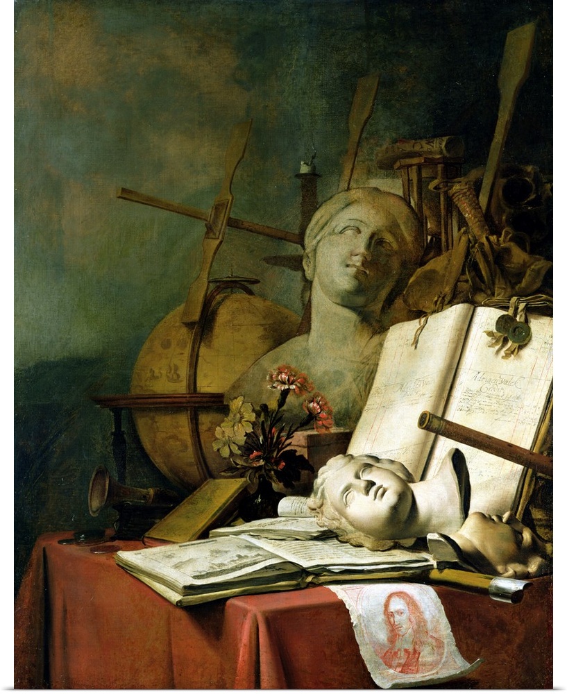 drawn self portrait of the painter; natural sciences represented by globe and Jacob's staff;