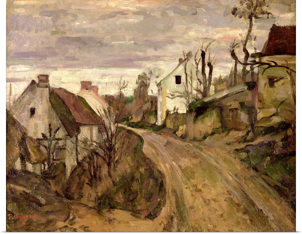 Painting of a dirt road going through a small country town with houses on either side.
