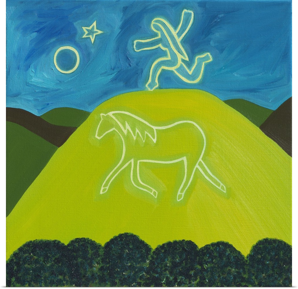 Contemporary painting of a large figure of a horse on a hill.