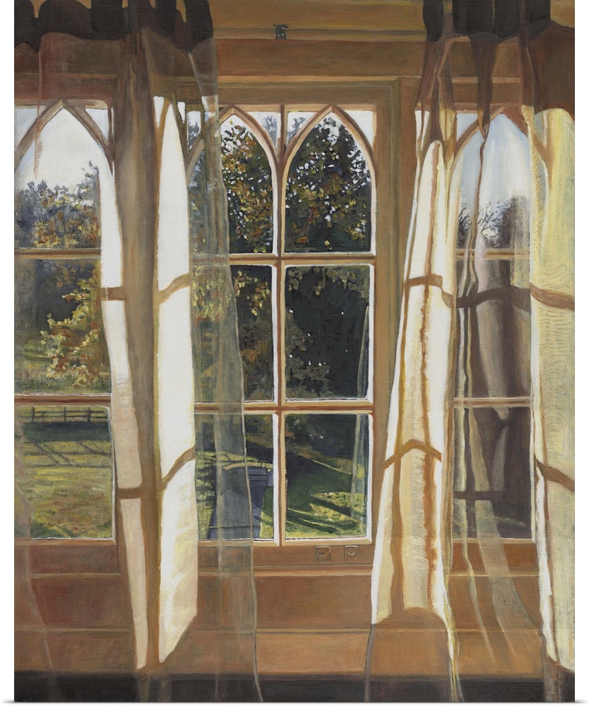Contemporary painting looking out the windows from inside a house.