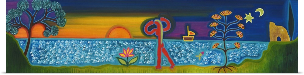 Contemporary painting of a person walking along the ocean at sunset.