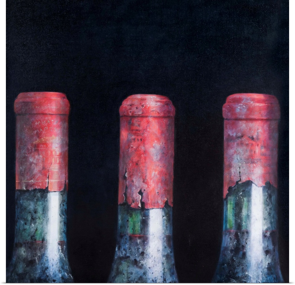 Contemporary still life of the tops of three wine bottles.