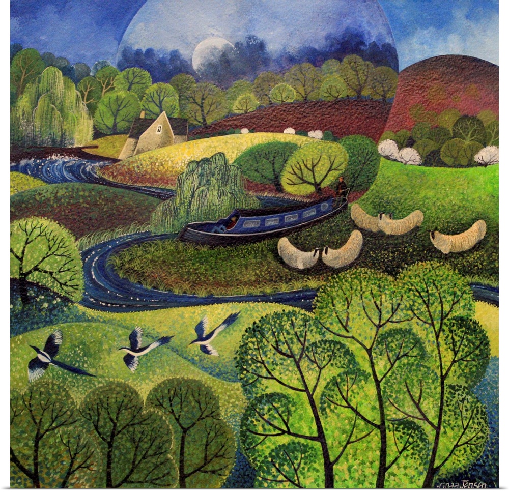 Contemporary painting of three magpies flying over a lush countryside.