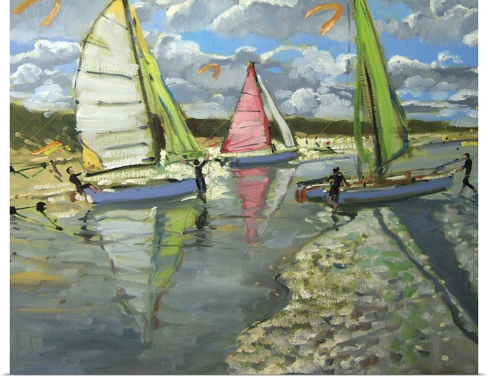Landscape painting on a large wall hanging of several sailboats headed toward the shore beneath a blue sky with large, flu...