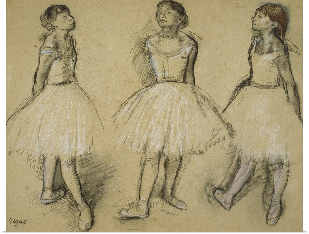 Three Studies of a Dancer in Fourth Position, 1879-80, charcoal and pastel with stumping, and touches of brush and black w...