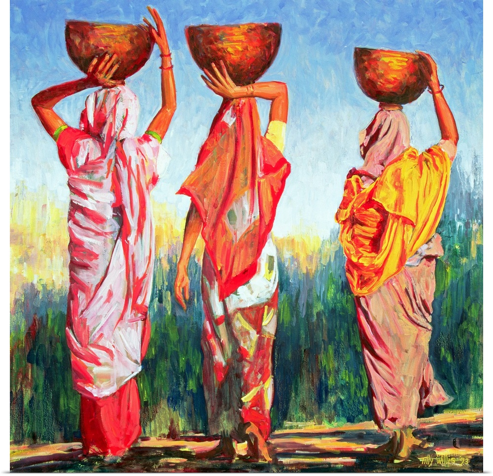 Oil painting on canvas of three women carrying bowls on their heads walking towards a tall field.