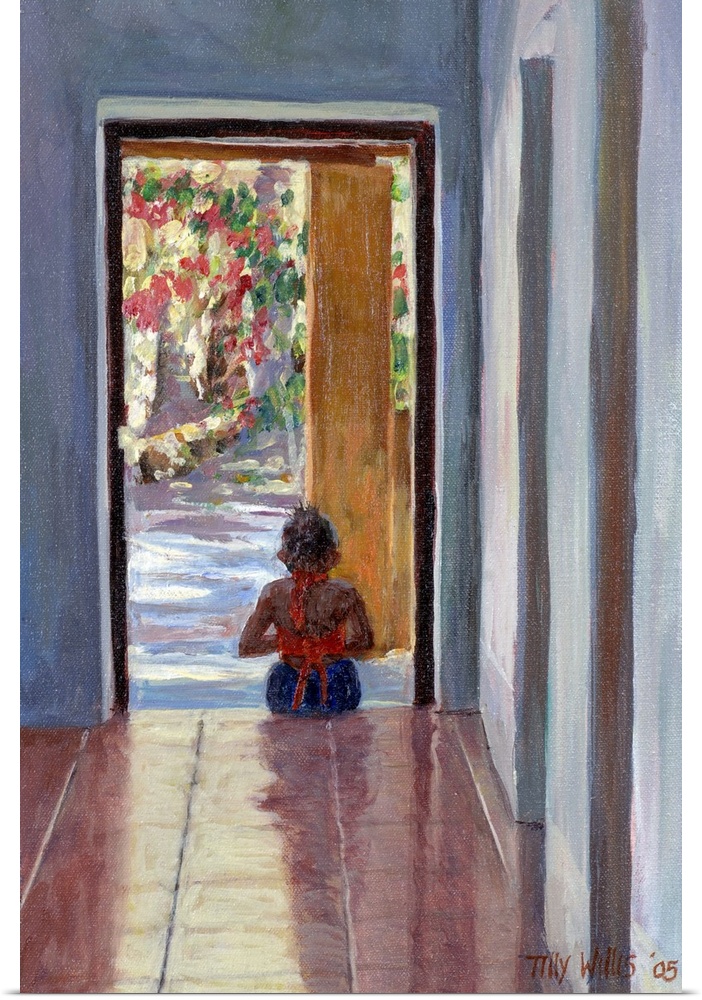 Contemporary artwork that shows a little girl sitting on a tile floor in a doorway with a garden like scene just in front ...