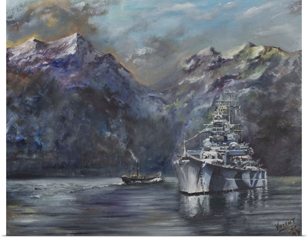 Contemporary painting of a battle ship in a harbor surrounded by mountains.
