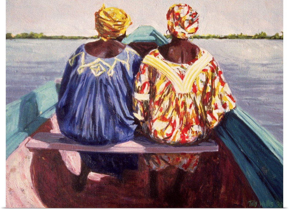 Painting of two African woman sitting next to each other on a canoe style blue boat in the water looking at shore.