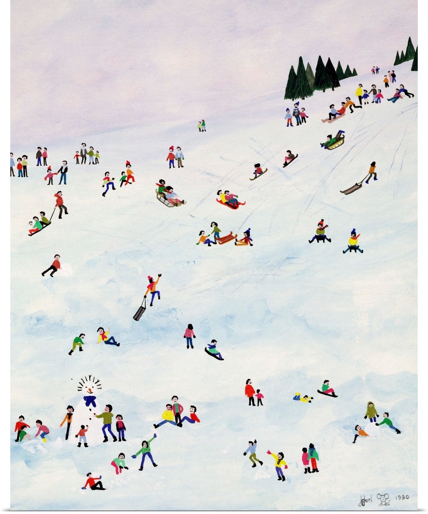Contemporary painting of people sledding down a snowy hill.