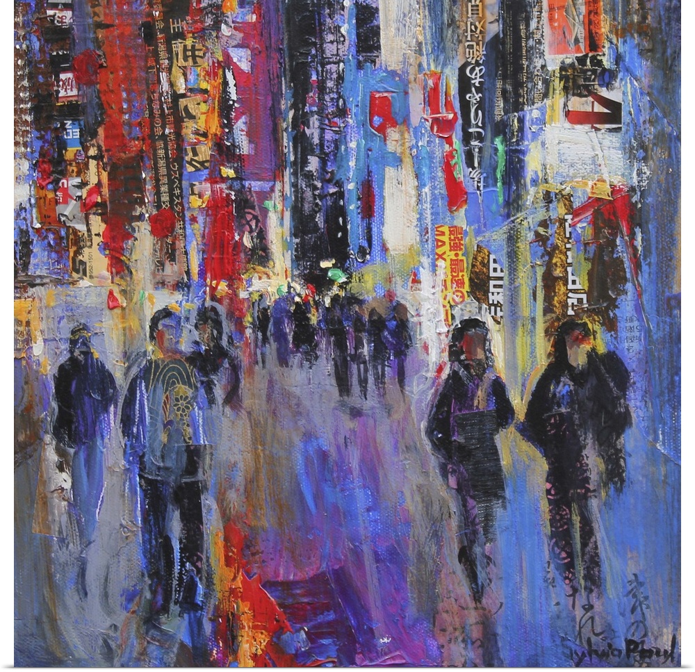 Contemporary painting of crowded streets of Tokyo.