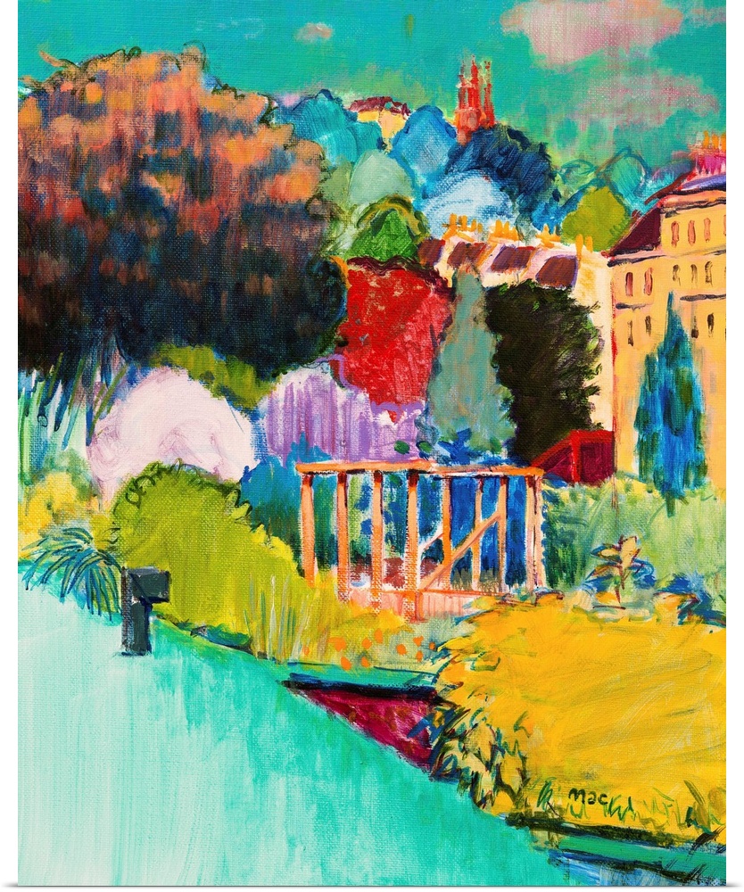 Contemporary painting of a garden using vibrant colors.