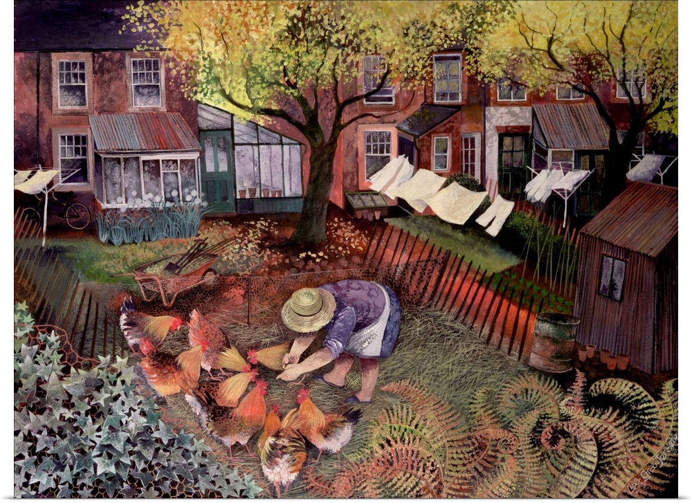 Contemporary painting of a woman feeding chickens in her backyard.