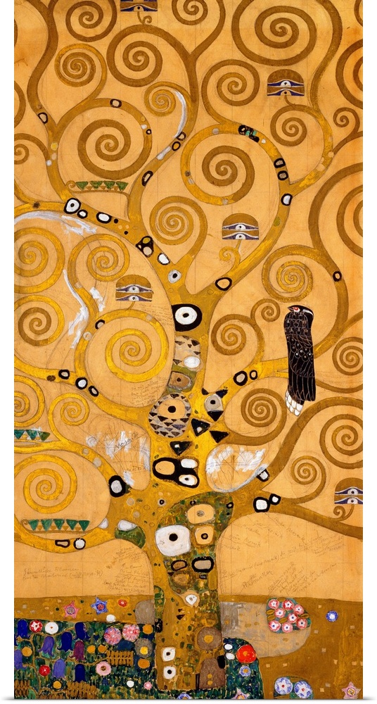 Modern painting of a large, golden tree with all its branches in spiral shapes, and patchwork-like patterns on the trunk.