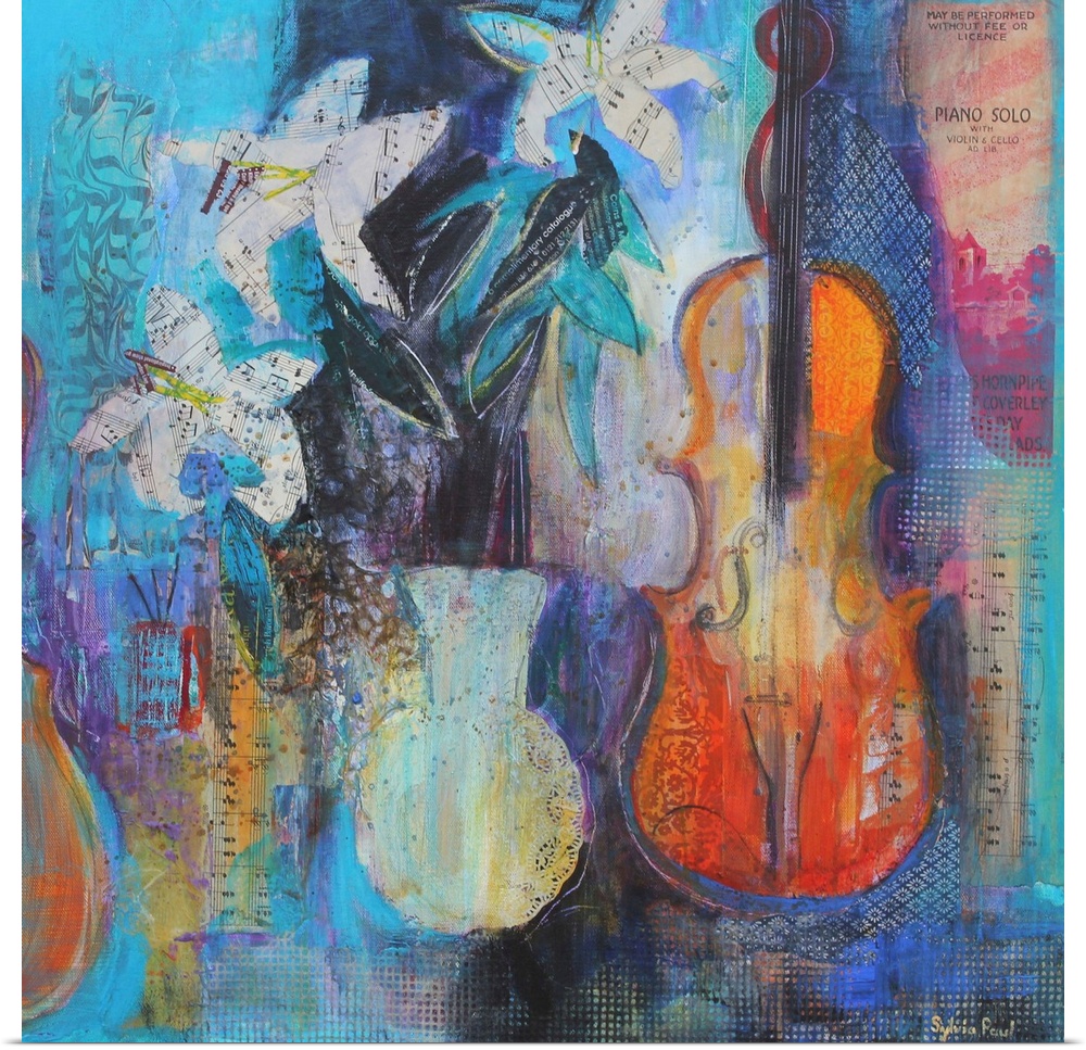 Contemporary still-life painting of flowers in a vase beside a violin.