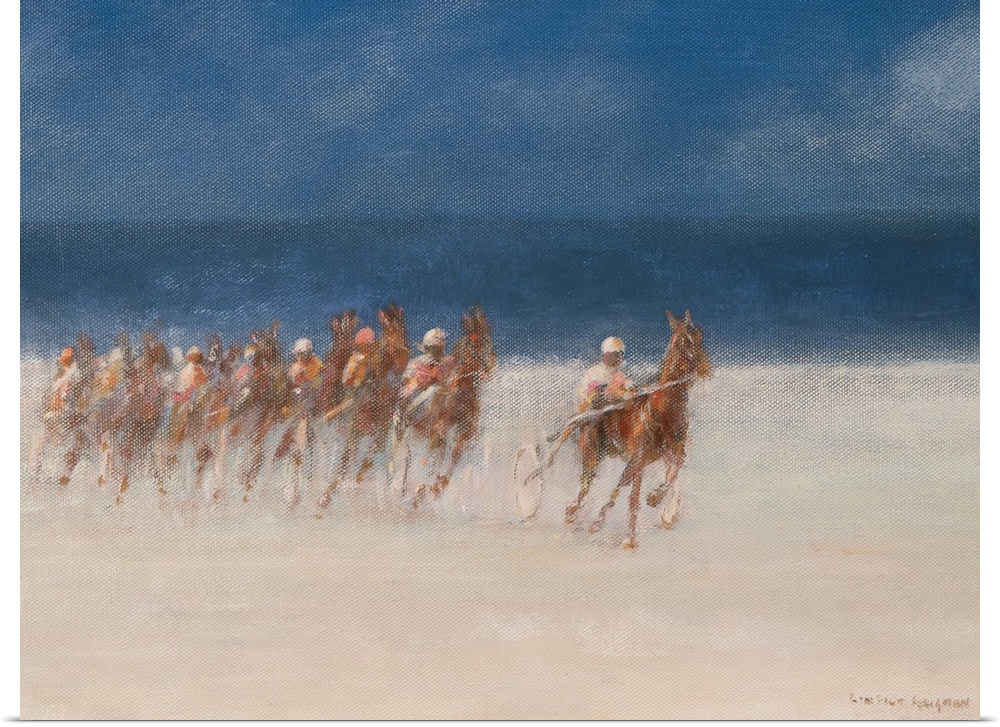 Contemporary painting of a horserace on the beach in Brittany, France.
