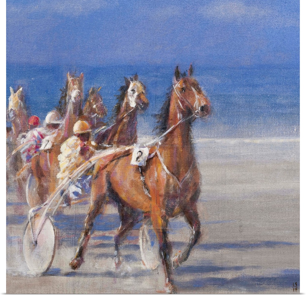 Contemporary painting of a horse cart race on the beach in Brittany, France.