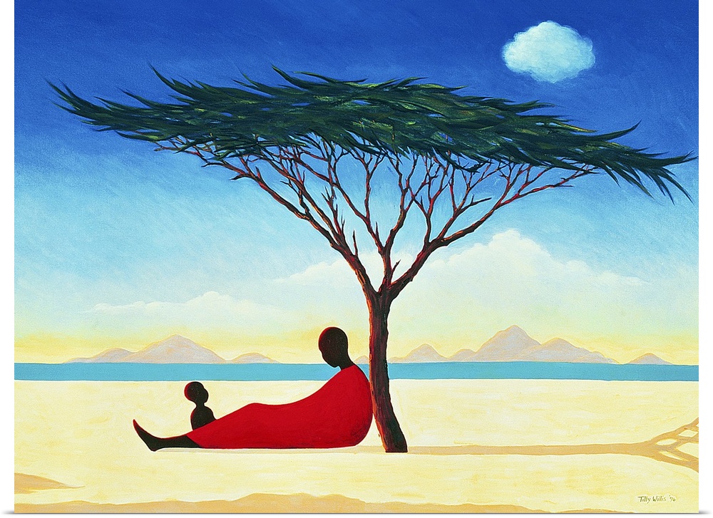 A contemporary art piece of a woman sitting under a tree with her child as water and mountains can be seen in the distance.