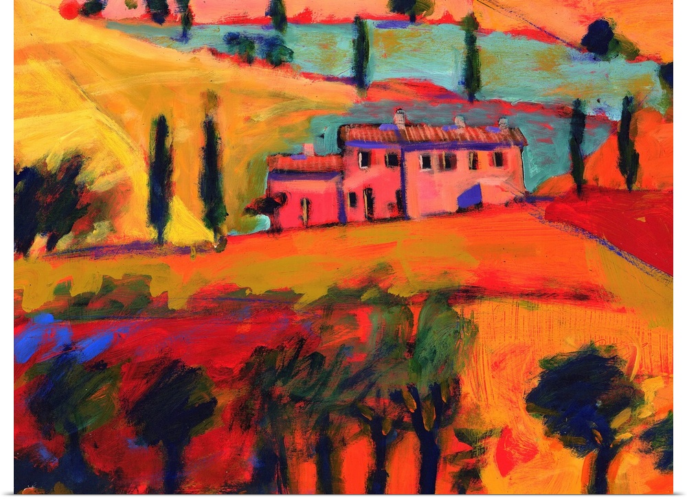 Contemporary painting of Italian countryside with fields, trees, and a home in front of a lake.  The colors are dark and r...
