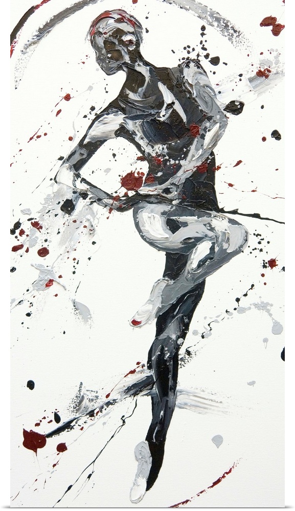 Contemporary painting using black and gray tones to create a dancing figure against a white background.
