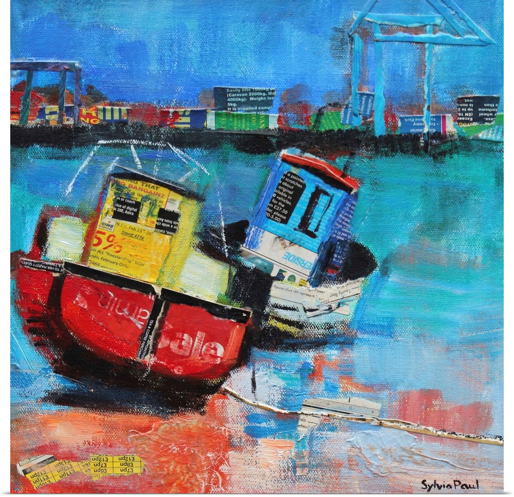Contemporary painting of fishing boats moored on the shoreline of a harbor town.