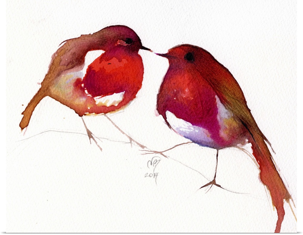 Contemporary artwork of two bright red birds against a white background.