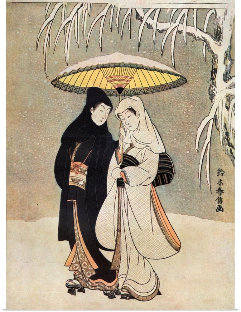 Two Lovers in Snow beneath Umbrella by Suzuki Harunobu.