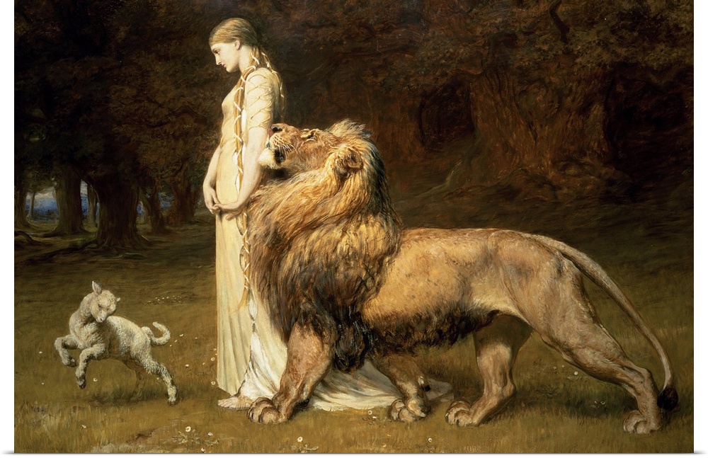 This classic art piece shows a woman standing in the forest with a full grown lion to her side and a small sheep jumping i...